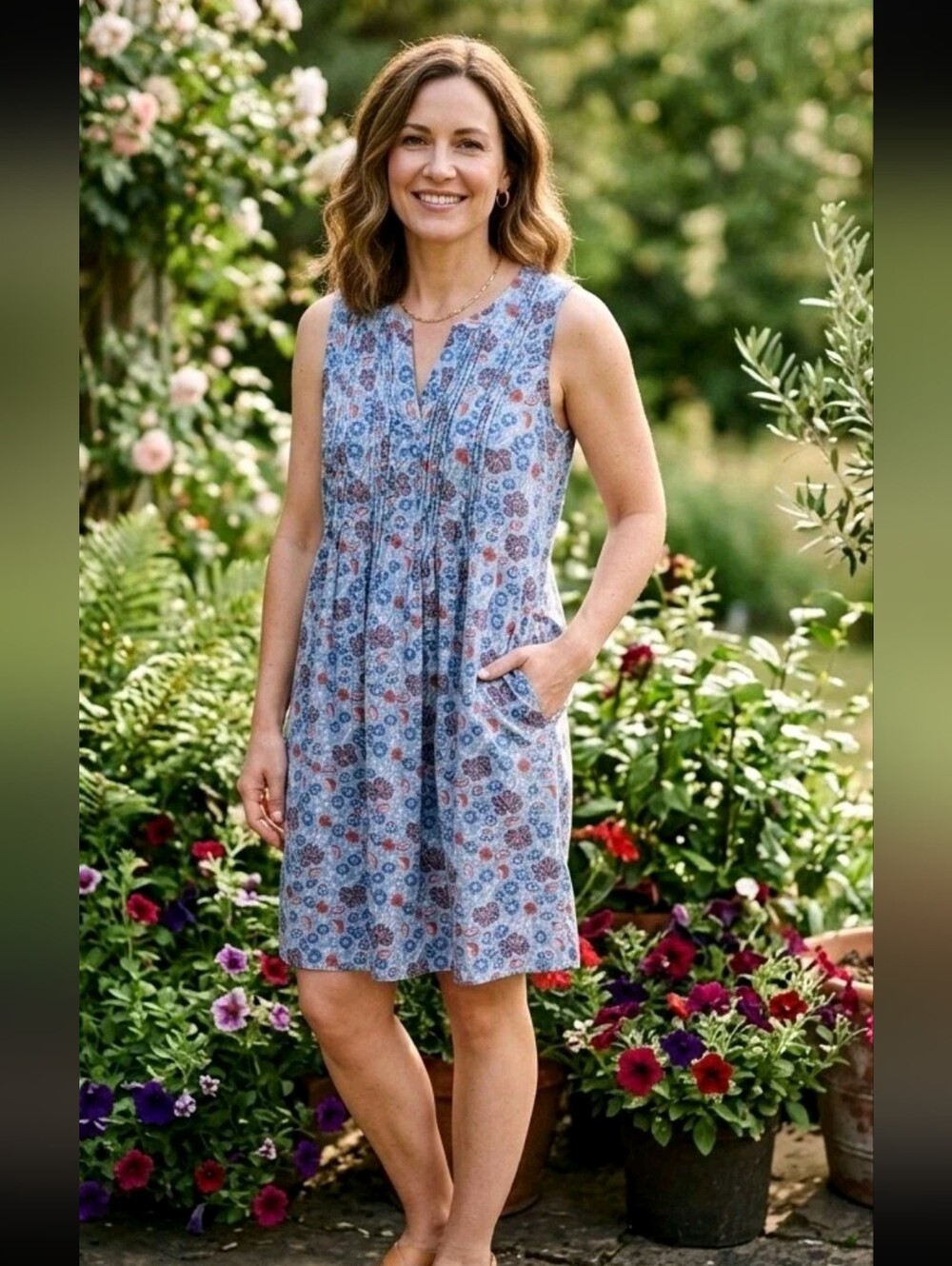 Sonoma Dress Linen Blend Blue Floral Pintucks Womens M Sleeveless Pockets